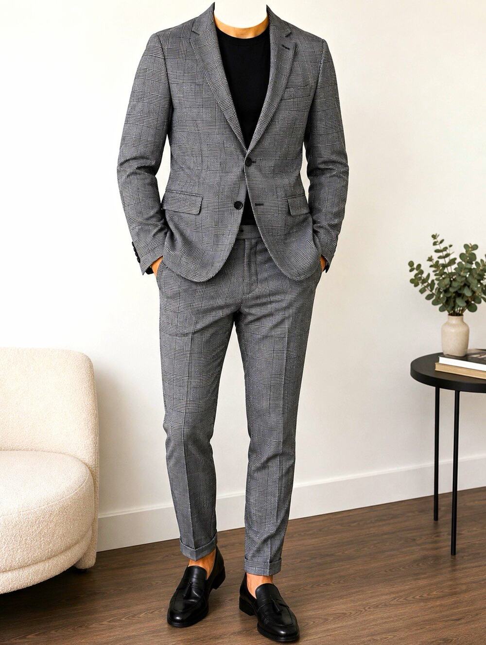 Men's Gray Plaid Slim 2-Piece Suit 40, 32x30, 2-Button, Pockets